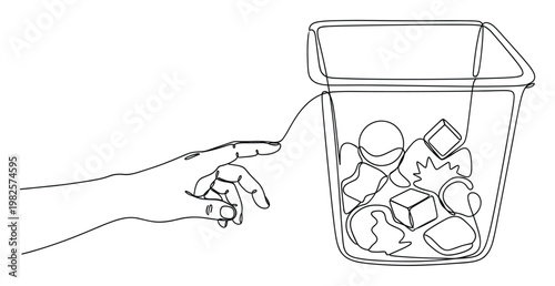 Continuous line drawing of a hand reaching towards a container full of ice, perfect for beverage promotions or refreshing design concepts.