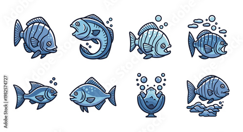Eight Blue Cartoon Fish Swimming Various.
