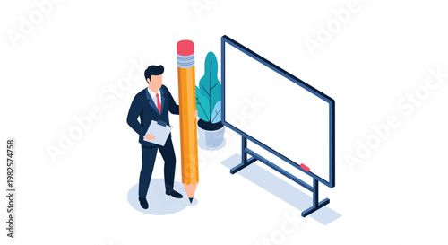 Professional businessman stands next to a large whiteboard and a giant pencil while preparing for a corporate presentation or lesson.