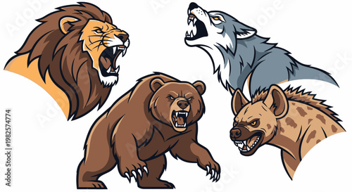 Fierce animals with open mouths roaring.