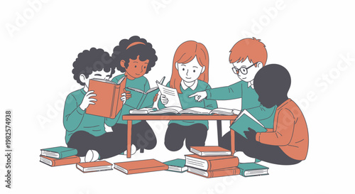 Four students studying together on floor.