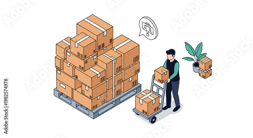 Warehouse worker uses a hand truck to move stacked cardboard boxes on a pallet in this isometric logistics and shipping illustration.