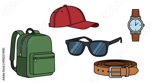 Green backpack with travel accessories.