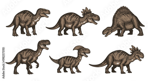 Group of brown dinosaur models walking.