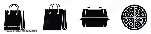 Essential glyph icons representing modern retail and food delivery services, perfect for web interfaces, mobile applications, educational materials, and advertising campaigns focused on