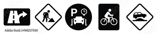 Essential road signs collection featuring highway merge, construction, timed parking, bicycle path, and speed bump warnings for transportation safety and urban navigation.