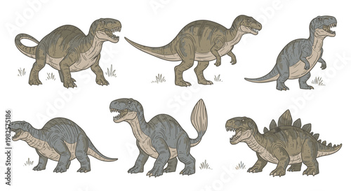 Group of different dinosaurs walking together.