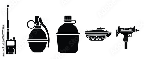 Vector silhouettes of military tactical gear including a walkietalkie, hand grenade, water canteen, armored vehicle, and submachine gun, ideal for security and defenserelated projects