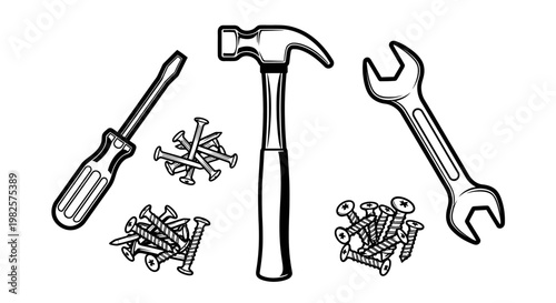 Hammer screwdriver and wrench tools.