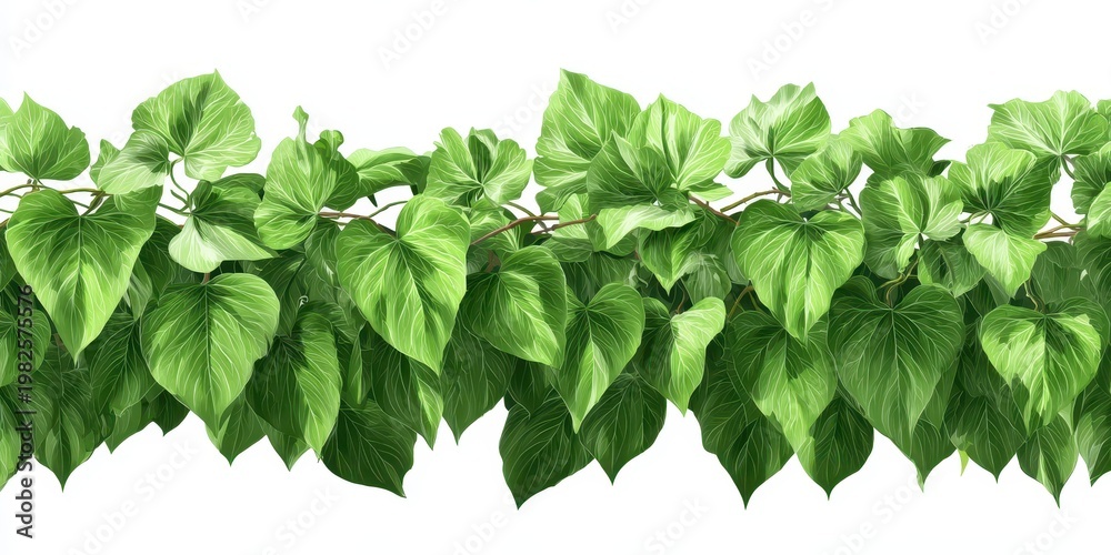 Fototapeta premium Lush green heart shaped leaves cascading down from vines against a white background