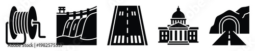Collection of essential infrastructure icons including cable reel, dam, highway, public building, and road tunnel for construction and engineering projects presentations