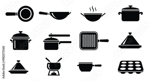 Diverse collection of cooking kitchen utensils and cookware equipment icons essential for culinary applications, food preparation, and restaurant menu illustrations