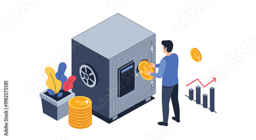Secure savings and financial growth concept featuring a man depositing gold coins into a large metal safe box in isometric view.