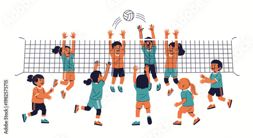 Kids Playing Volleyball Together Outdoors.