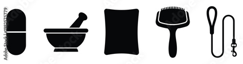 Collection of essential pet care items including medication capsule, mortar and pestle, food package, grooming brush, and dog leash, ideal for veterinary and animal health promotions