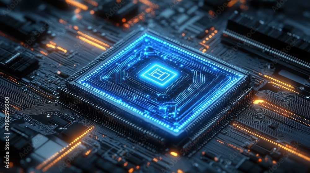 Fototapeta premium glowing blue microchip mounted on a dark circuit board with orange indicator lights, evoking futuristic power, precision, and high-tech energy