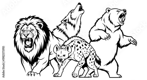 Lion wolf bear and leopard animals.
