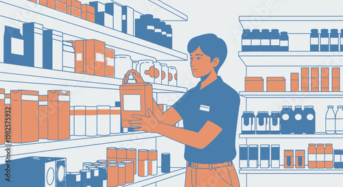 Man holding a bottle on shelf.