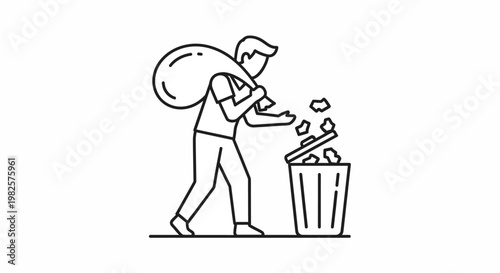 A man dumping waste from a sack into a garbage bin line art icon.