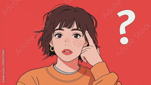 Thoughtful Woman with Short Hair and Question Mark