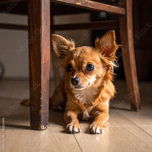 A small, long-haired dog with brown fur sits under a wooden chair, bathed in natural light. It gazes ahead with attentive eyes