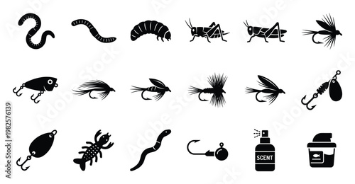 Fishing bait and lure collection showcasing essential tackle for angling activities, perfect for outdoor sports publications, fishing gear advertisements, and recreational hobby content.