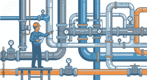 Man working on industrial pipes system.