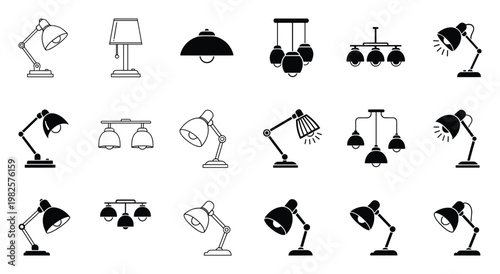 Collection of diverse lamps and lighting fixtures icons for interior design projects, electrical engineering diagrams, household object illustrations, and modern home decor concepts