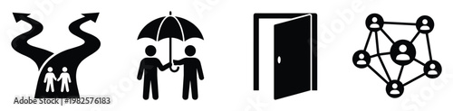 Conceptual icons illustrating personal choices, mutual protection, new opportunities, and interconnected human relationships ideal for professional development and communication materials