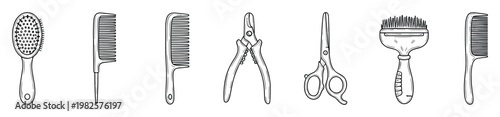 Handdrawn outline collection of essential grooming tools and pet care accessories perfect for professional animal stylists or general personal hair maintenance activities