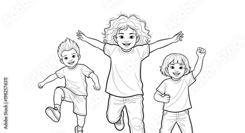 Three happy children jumping and playing together.