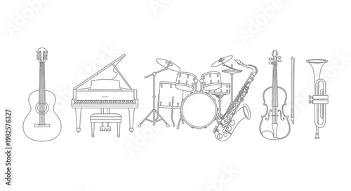 Musical instruments in a line drawing.