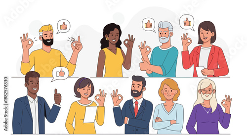 Diverse group of happy people gesturing okay and thumbs up signs.