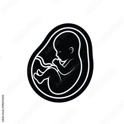 Black and white fetus illustration.