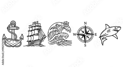 Nautical icons with anchor ship.