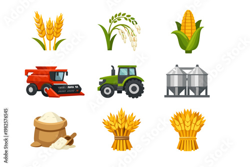 Agricultural Crop Icons Set Featuring Wheat, Rice, Corn, Red Combine Harvester, Green Tractor, Metal Grain Silos, Flour Sack with Scoop, and Golden Wheat Sheaves in a Flat Vector Design Style