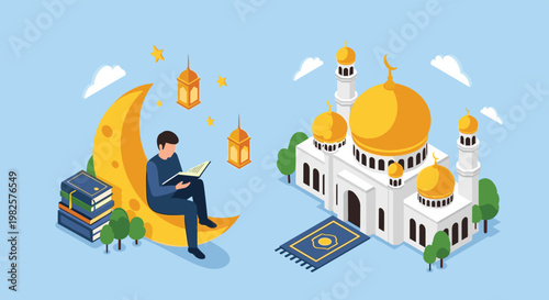 Cultural Ramadan illustration of a man reading a book on a crescent moon next to a mosque and traditional lanterns at night.