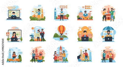 Set of digital nomad people working remotely from various global travel destinations.