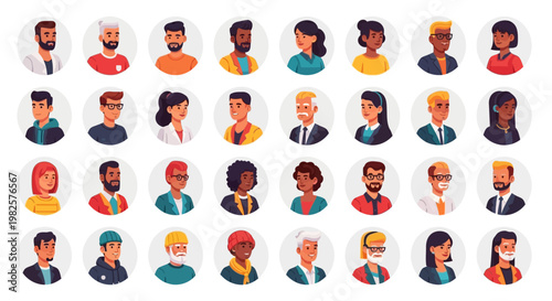 Diverse group of stylized human avatar portraits collection.