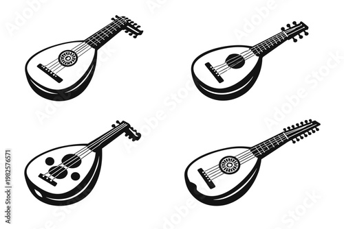 Set of four black and white vector illustrations featuring historical stringed instruments like lutes, mandolins, and ouds. Simple flat graphic icons for music, history, and cultural projects.