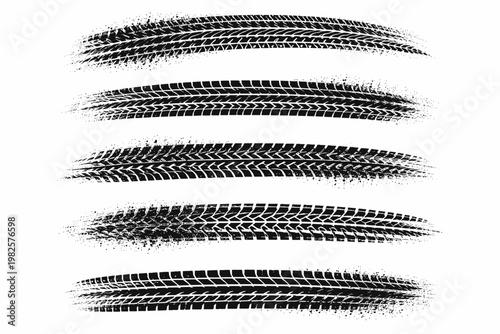Set of black tire track marks isolated on white background. Realistic racing tread patterns with grunge texture, ink splatters, and distressed edges. Vector illustration for automotive design and