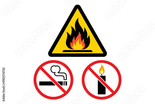 Highly Flammable Warning Sign with No Smoking and No Naked Light Prohibition Symbols. Vector Illustration of Safety Hazard Icons Isolated on White Background for Industrial and Workplace Use.