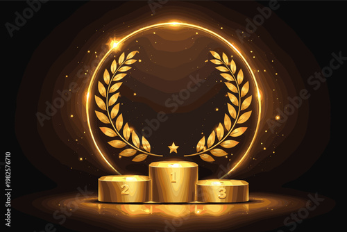 Luxury golden award podium with laurel wreath and glowing circular frame on dark background. Elegant template for winners, sports competition, business achievement, and ceremony celebration.