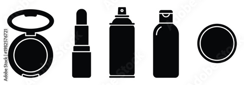 Black silhouette icons of essential cosmetic products including compact, lipstick, spray, and bottle, perfect for graphic design, branding, and digital media applications