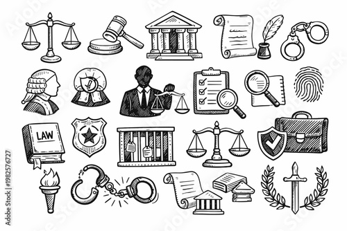 Law and Justice Hand Drawn Sketch Icons Set Featuring Scales, Gavel, Courthouse, Judge, Handcuffs, Law Book, and Legal Symbols. Vector Illustration for Courtroom, Legal Services, and Law Firm.