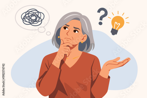Mature Woman with Grey Hair Thinking and Contemplating a Problem with Thought Bubble Scribble, Question Mark, and Light Bulb Idea Icons, Simple Flat Vector Illustration for Decision Making