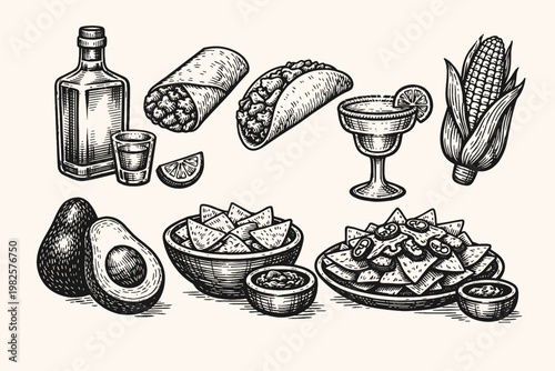 Vintage Hand Drawn Mexican Food and Drink Collection Featuring Woodcut Style Illustrations of Tequila, Margarita, Taco, Burrito, Nachos, Avocado, Corn, and Tortilla Chips for Menu Design