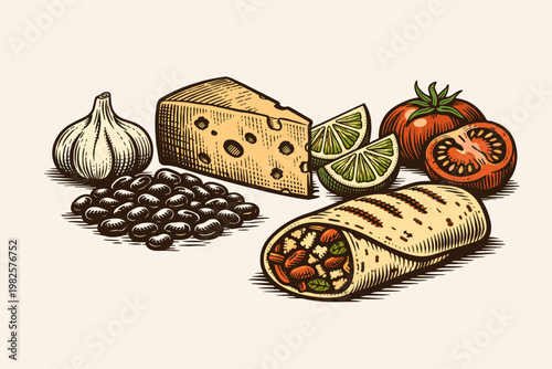 Mexican Food Ingredients Set with Grilled Burrito, Garlic Bulb, Black Beans, Hard Cheese Wedge, Fresh Lime Slices, and Ripe Red Tomatoes in a Vintage Hand-Drawn Engraving Style Vector Illustration.