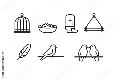 Minimalist Pet Bird Icon Set Featuring Cage, Seed Bowl, Water Dispenser, Hanging Perch, Feather, and Perched Birds. Black Line Art Vector Illustration for Aviary Care and Ornithology Design.