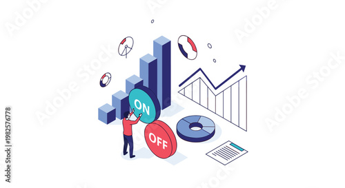 Business professional tracks performance and switches on analytics for financial growth in this isometric data analysis scene.